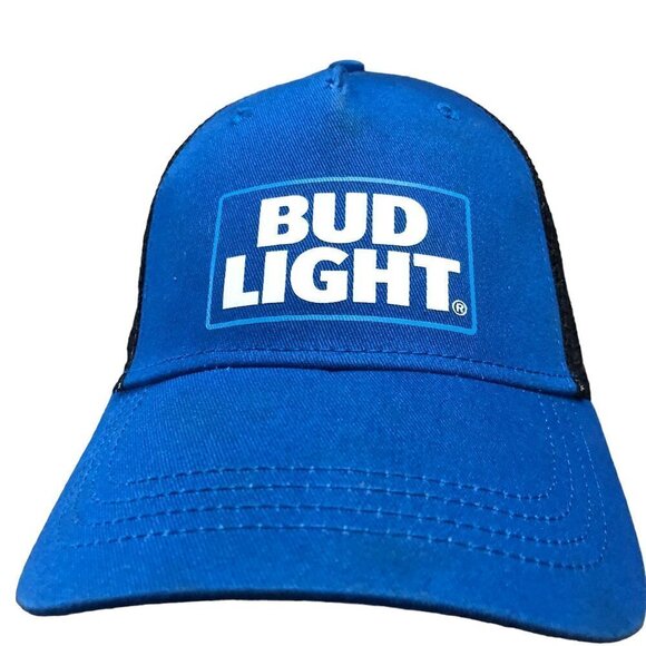 Bud Light Budweiser Adjustable Trucker Hat Cap Blue Mesh Back H3 Headwear EUC - Picture 2 of 8